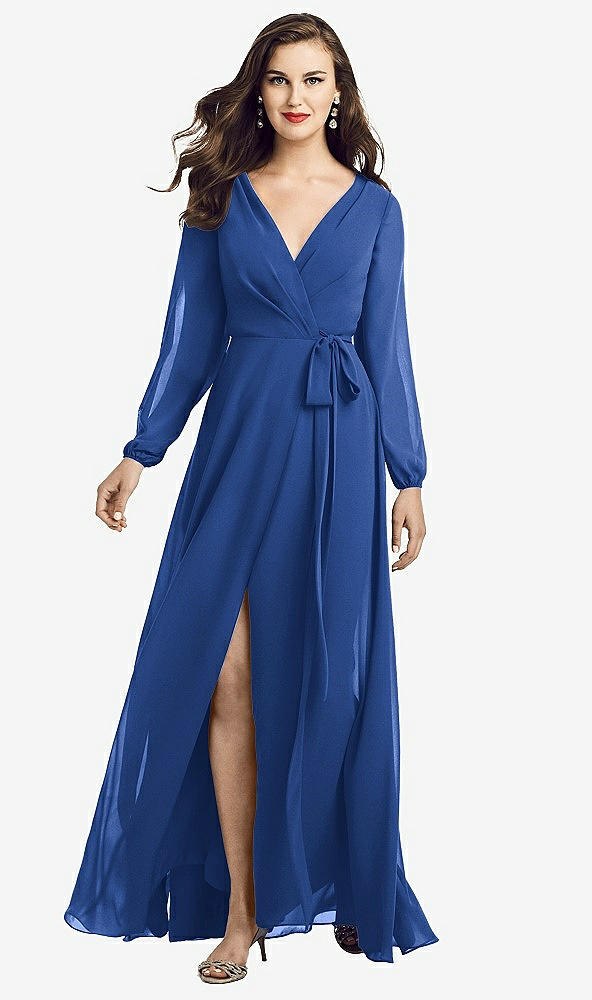Front View - Classic Blue Long Sleeve Wrap Maxi Dress with Front Slit
