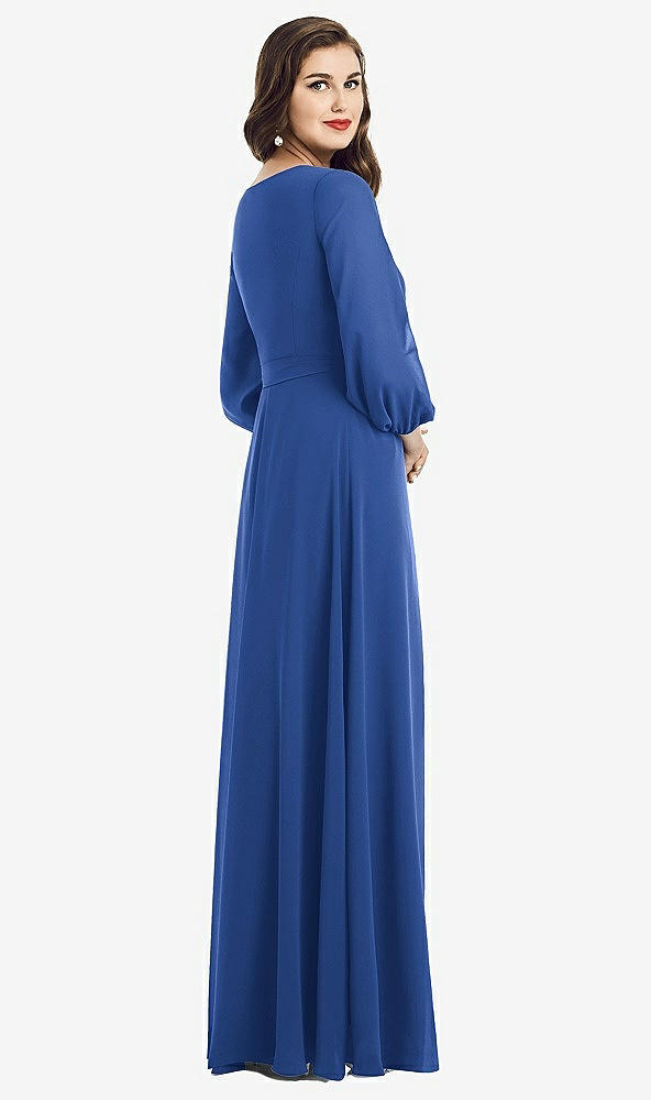 Back View - Classic Blue Long Sleeve Wrap Maxi Dress with Front Slit