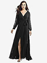 Front View Thumbnail - Black Long Sleeve Wrap Maxi Dress with Front Slit