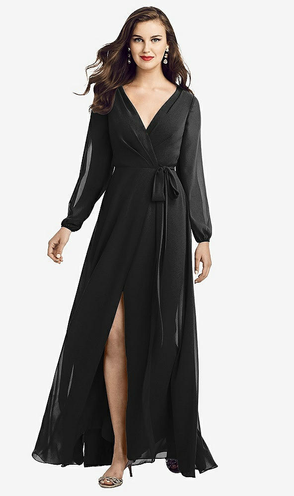 Front View - Black Long Sleeve Wrap Maxi Dress with Front Slit