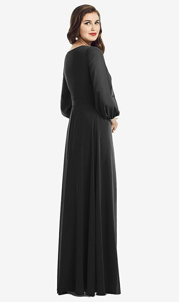 Back View - Black Long Sleeve Wrap Maxi Dress with Front Slit