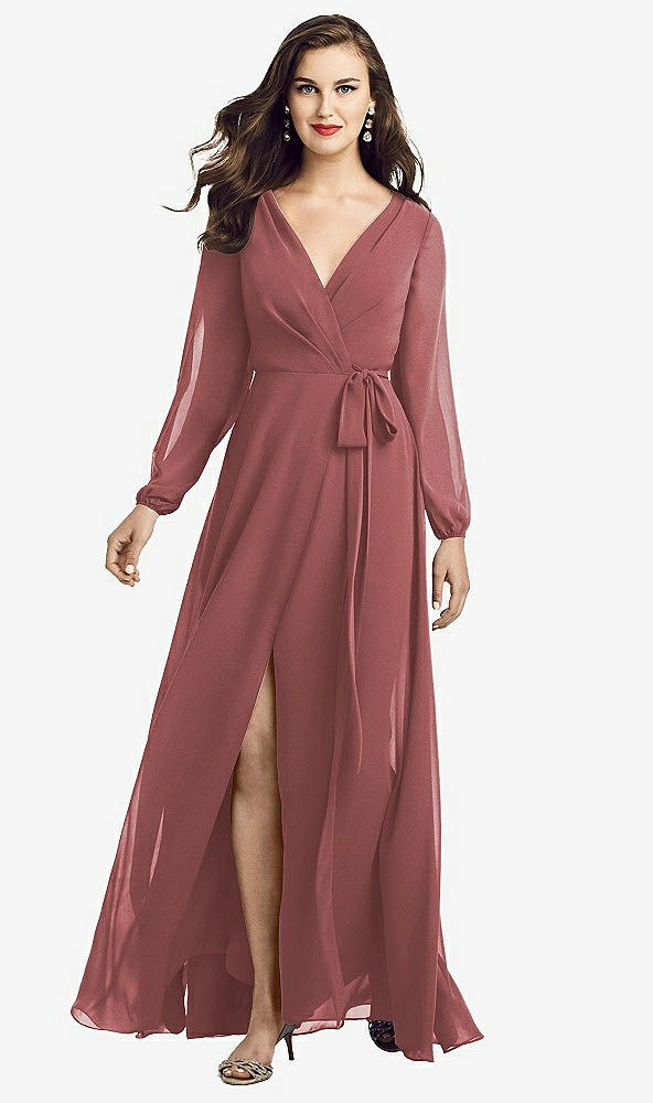 Front View - English Rose Long Sleeve Wrap Maxi Dress with Front Slit