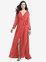 Front View Thumbnail - Perfect Coral Long Sleeve Wrap Maxi Dress with Front Slit