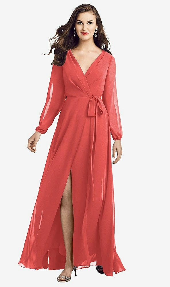 Front View - Perfect Coral Long Sleeve Wrap Maxi Dress with Front Slit