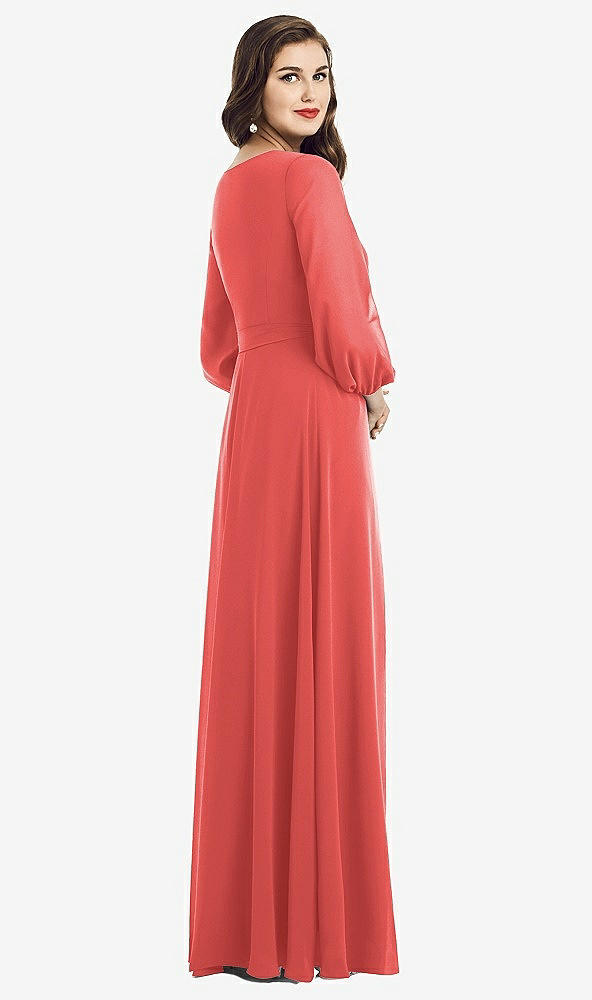 Back View - Perfect Coral Long Sleeve Wrap Maxi Dress with Front Slit