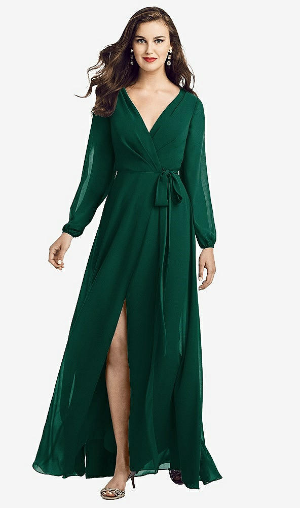 Front View - Hunter Green Long Sleeve Wrap Maxi Dress with Front Slit
