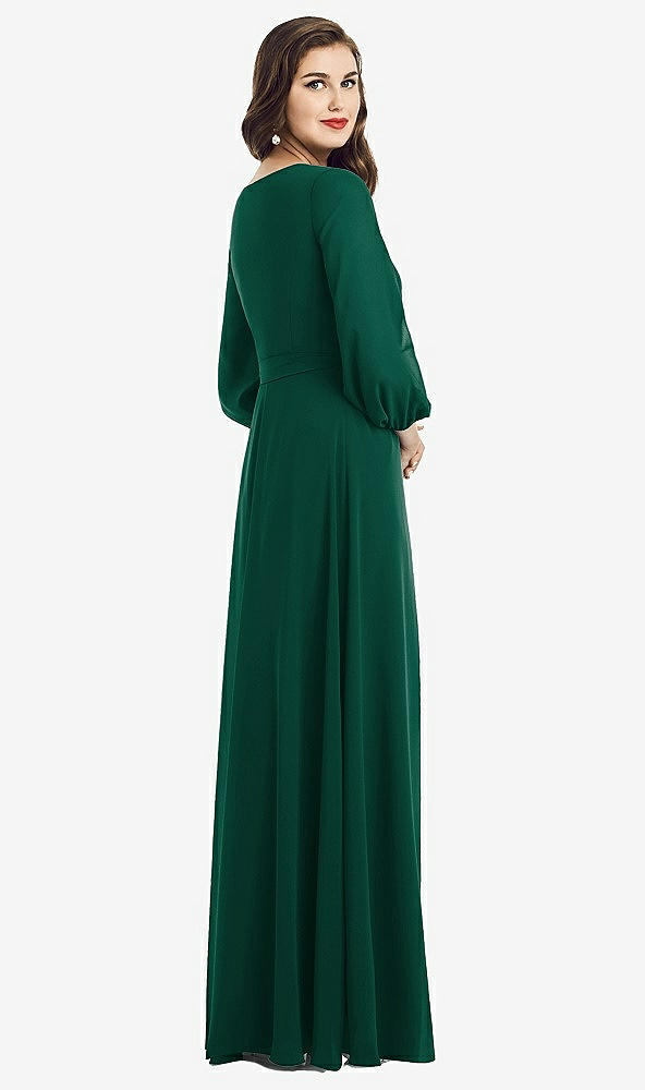 Back View - Hunter Green Long Sleeve Wrap Maxi Dress with Front Slit