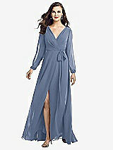 Front View Thumbnail - Larkspur Blue Long Sleeve Wrap Maxi Dress with Front Slit