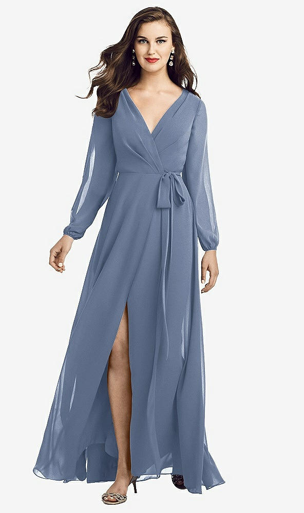 Front View - Larkspur Blue Long Sleeve Wrap Maxi Dress with Front Slit