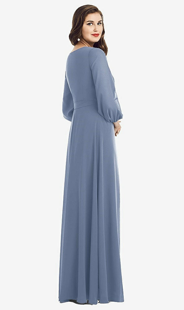 Back View - Larkspur Blue Long Sleeve Wrap Maxi Dress with Front Slit
