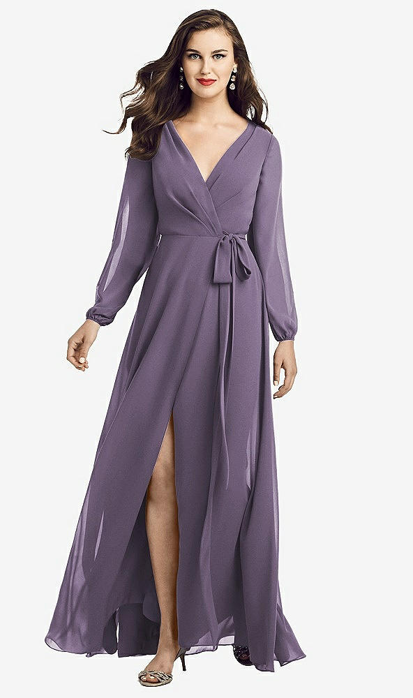Front View - Lavender Long Sleeve Wrap Maxi Dress with Front Slit