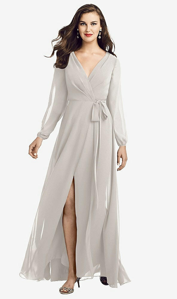 Front View - Oyster Long Sleeve Wrap Maxi Dress with Front Slit