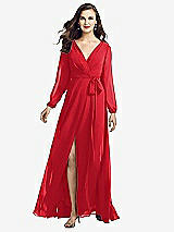 Front View Thumbnail - Parisian Red Long Sleeve Wrap Maxi Dress with Front Slit