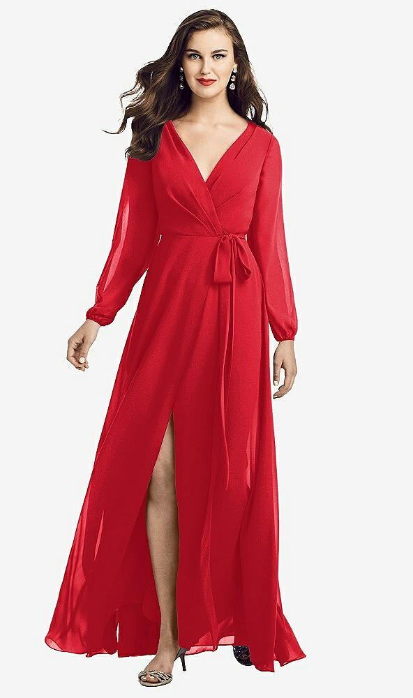 Front View - Parisian Red Long Sleeve Wrap Maxi Dress with Front Slit