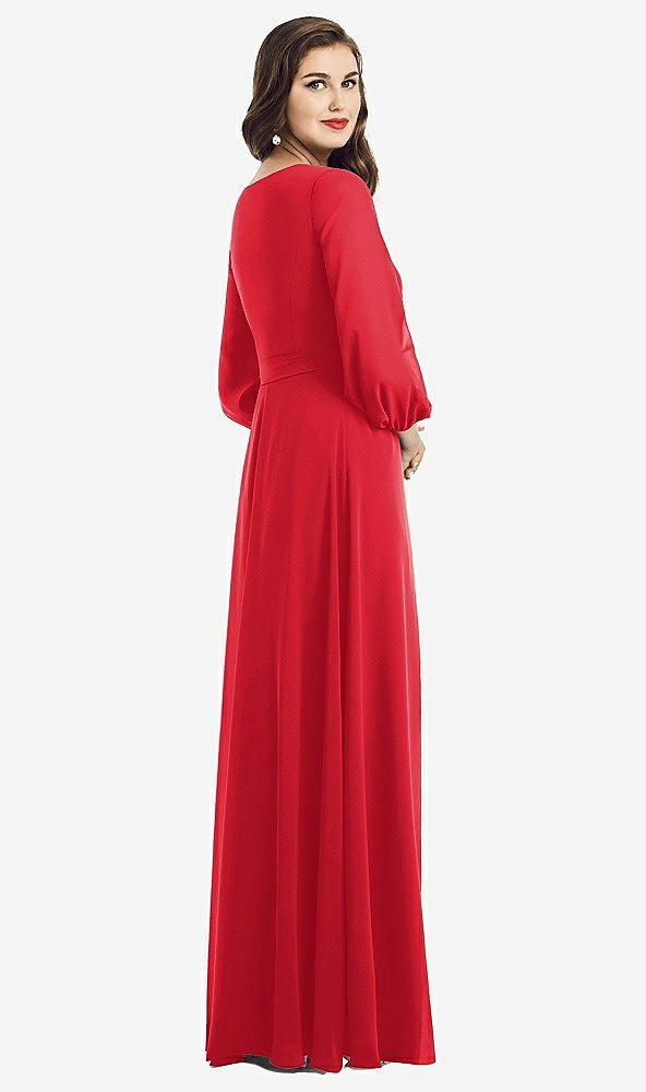 Back View - Parisian Red Long Sleeve Wrap Maxi Dress with Front Slit