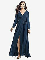 Front View Thumbnail - Sofia Blue Long Sleeve Wrap Maxi Dress with Front Slit