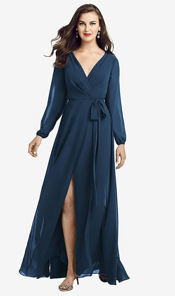 Front View - Sofia Blue Long Sleeve Wrap Maxi Dress with Front Slit