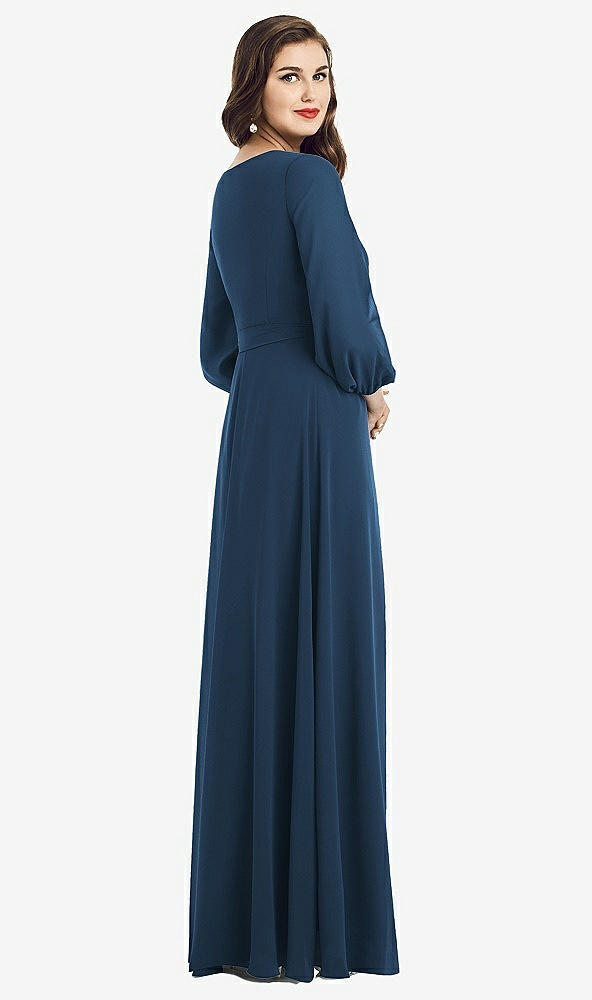 Back View - Sofia Blue Long Sleeve Wrap Maxi Dress with Front Slit