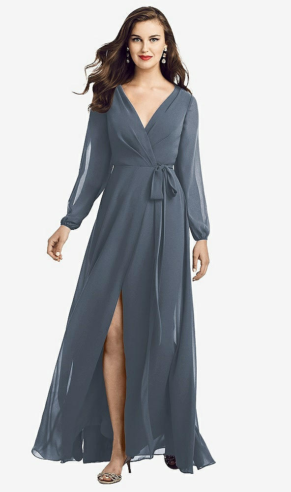Front View - Silverstone Long Sleeve Wrap Maxi Dress with Front Slit