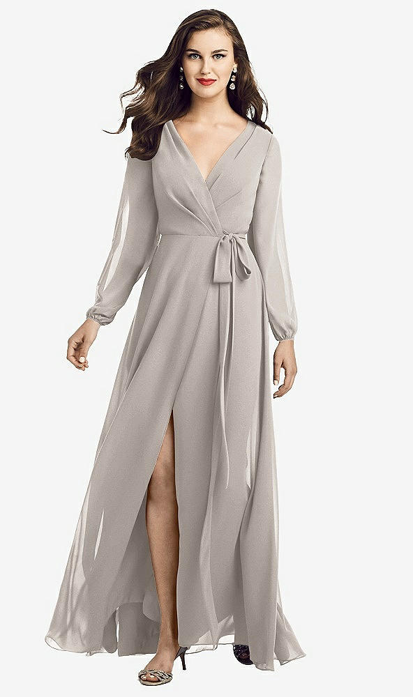 Front View - Taupe Long Sleeve Wrap Maxi Dress with Front Slit