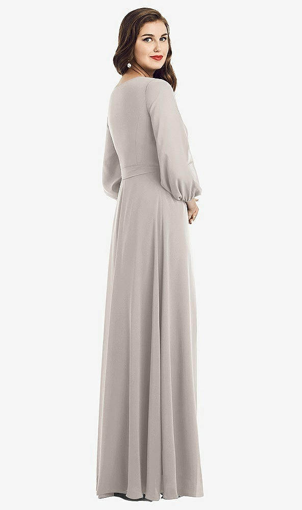 Back View - Taupe Long Sleeve Wrap Maxi Dress with Front Slit