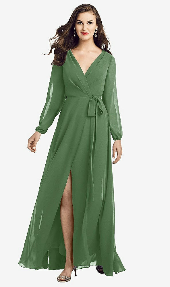 Front View - Vineyard Green Long Sleeve Wrap Maxi Dress with Front Slit