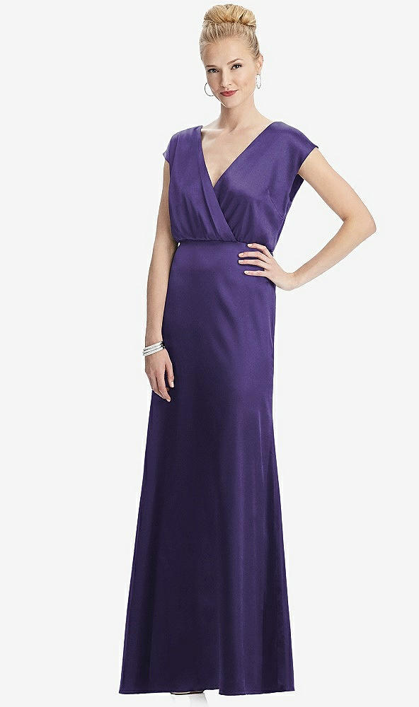 Front View - Regalia - PANTONE Ultra Violet Cap Sleeve Blouson Faux Wrap Dress