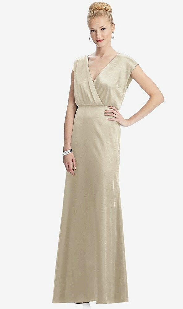 Front View - Champagne Cap Sleeve Blouson Faux Wrap Dress