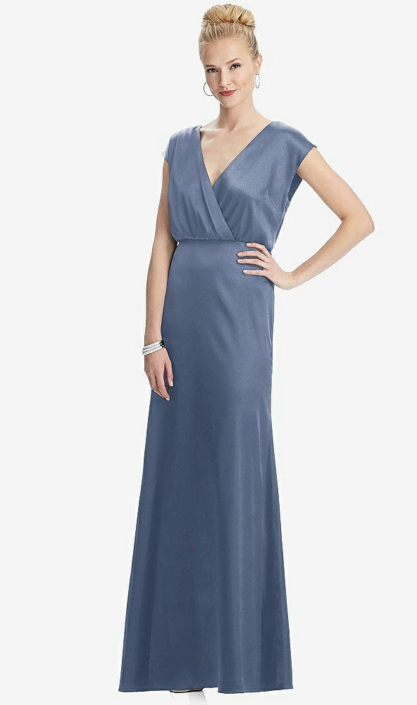 Front View - Larkspur Blue Cap Sleeve Blouson Faux Wrap Dress