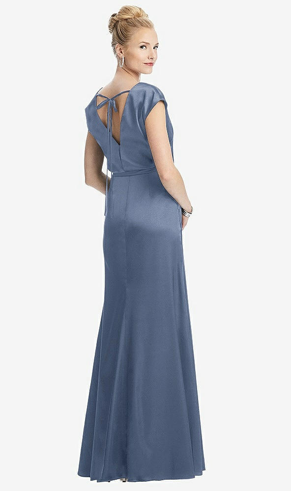Back View - Larkspur Blue Cap Sleeve Blouson Faux Wrap Dress