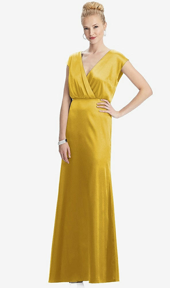 Front View - Marigold Cap Sleeve Blouson Faux Wrap Dress
