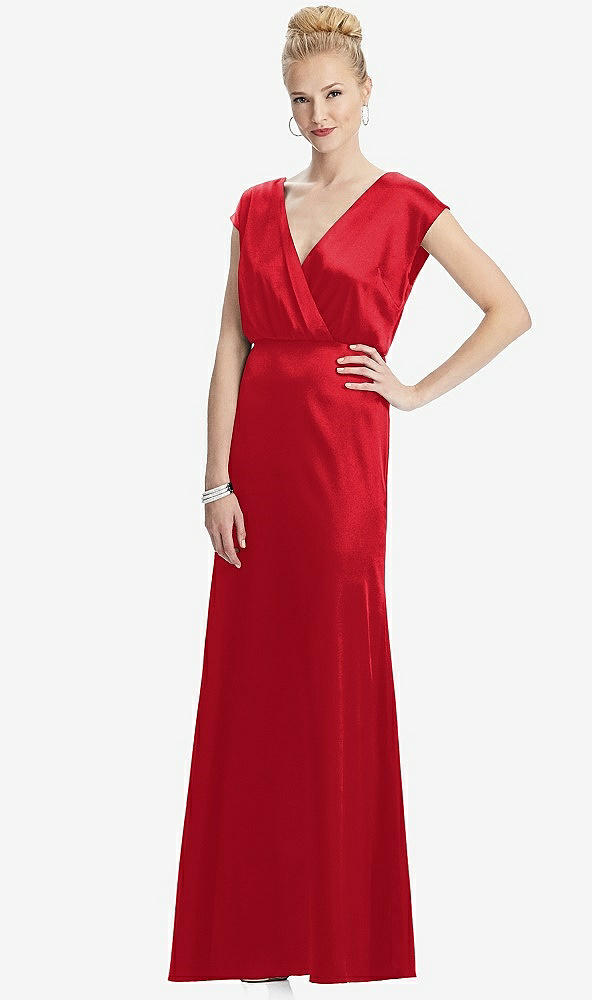 Front View - Parisian Red Cap Sleeve Blouson Faux Wrap Dress