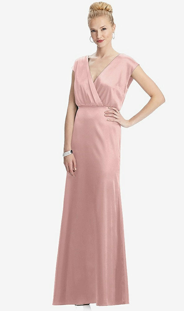 Front View - Rose - PANTONE Rose Quartz Cap Sleeve Blouson Faux Wrap Dress