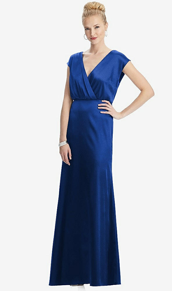 Front View - Sapphire Cap Sleeve Blouson Faux Wrap Dress