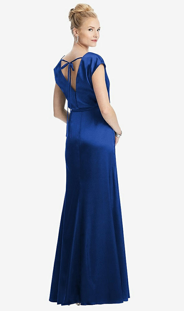 Back View - Sapphire Cap Sleeve Blouson Faux Wrap Dress
