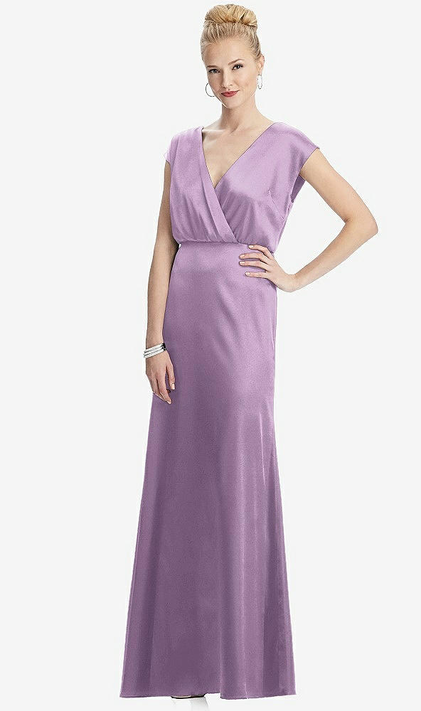 Front View - Wood Violet Cap Sleeve Blouson Faux Wrap Dress