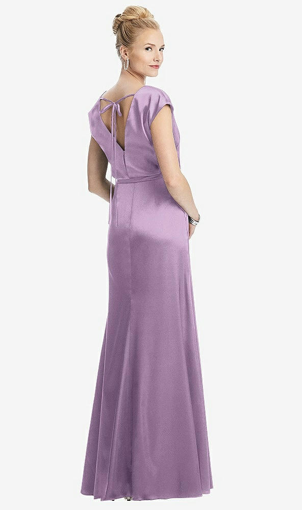 Back View - Wood Violet Cap Sleeve Blouson Faux Wrap Dress