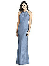 Rear View Thumbnail - Cloudy Silver Shimmer Halter-Neck Ruffle-Back Chiffon Trumpet Gown