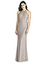 Rear View Thumbnail - Taupe Silver Shimmer Halter-Neck Ruffle-Back Chiffon Trumpet Gown