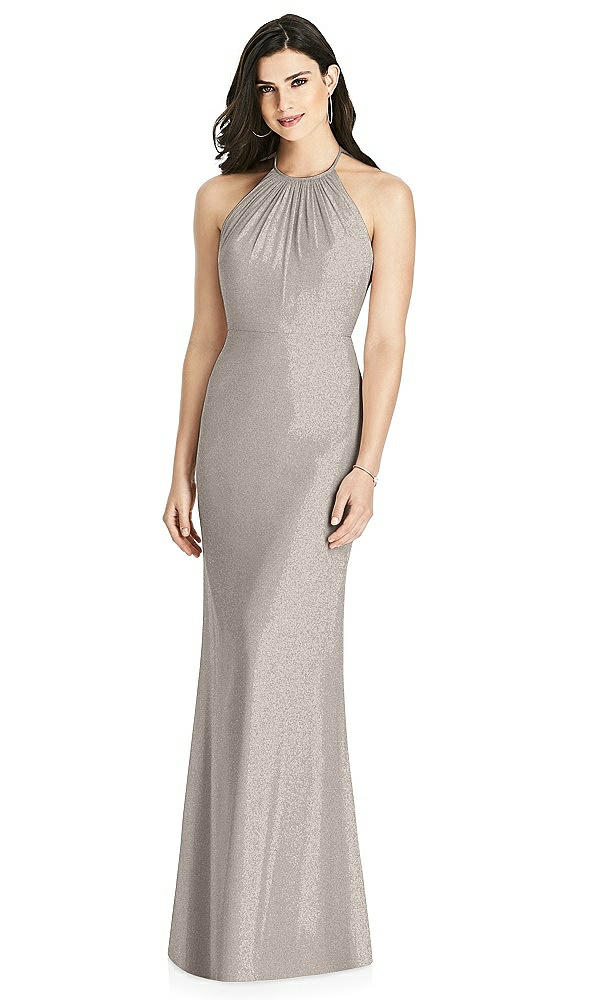 Back View - Taupe Silver Shimmer Halter-Neck Ruffle-Back Chiffon Trumpet Gown
