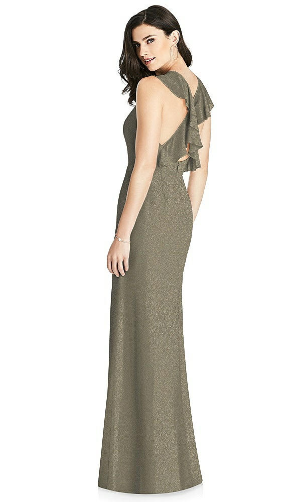 Front View - Mocha Gold Shimmer Halter-Neck Ruffle-Back Chiffon Trumpet Gown