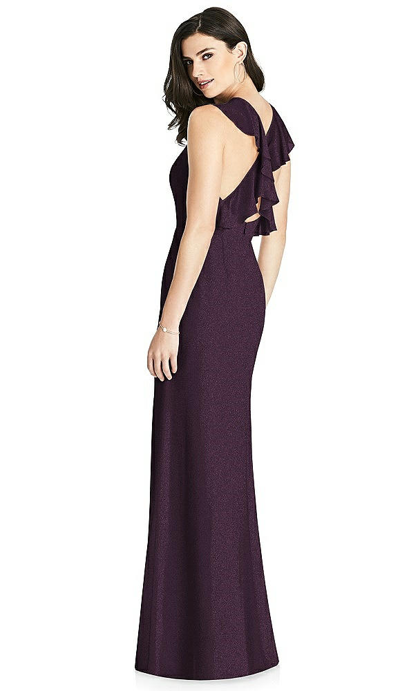 Front View - Aubergine Silver Shimmer Halter-Neck Ruffle-Back Chiffon Trumpet Gown