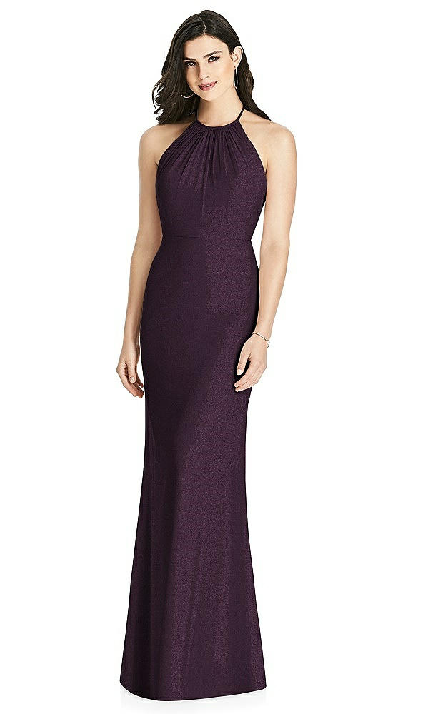 Back View - Aubergine Silver Shimmer Halter-Neck Ruffle-Back Chiffon Trumpet Gown