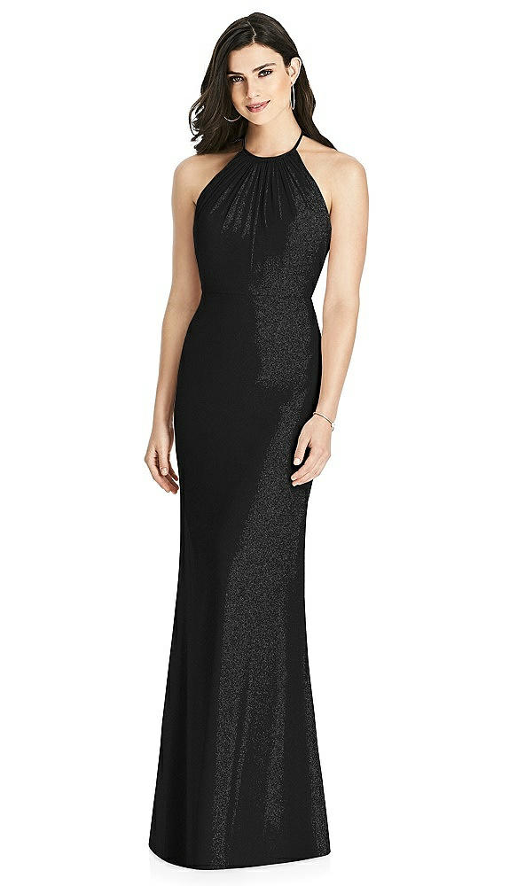 Back View - Black Silver Shimmer Halter-Neck Ruffle-Back Chiffon Trumpet Gown