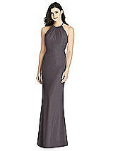 Rear View Thumbnail - Stormy Silver Shimmer Halter-Neck Ruffle-Back Chiffon Trumpet Gown