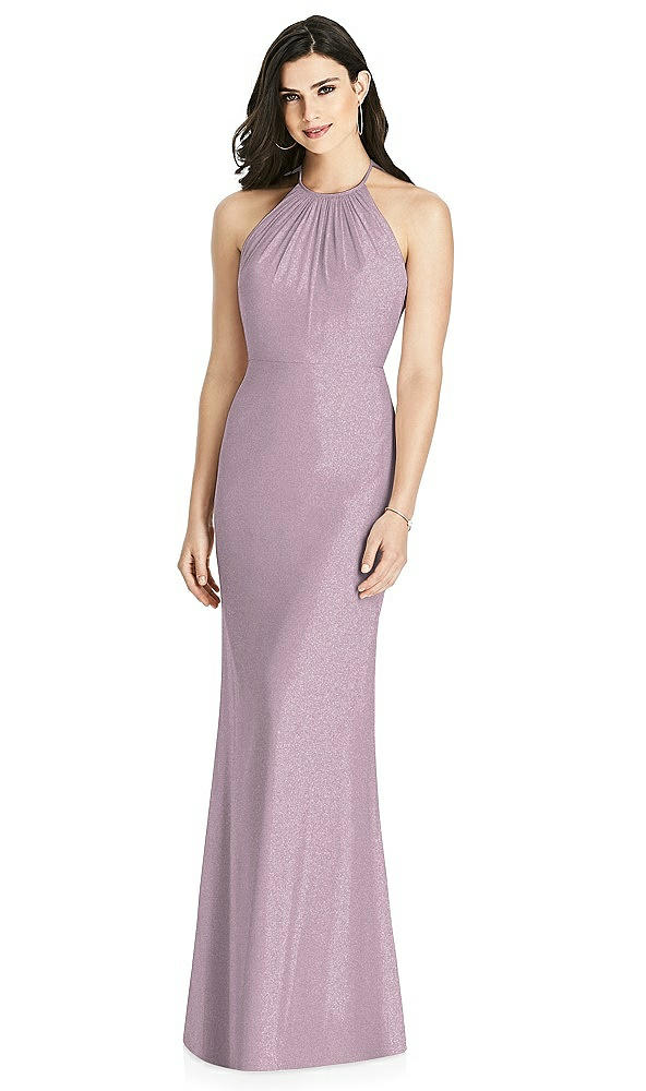 Back View - Suede Rose Silver Shimmer Halter-Neck Ruffle-Back Chiffon Trumpet Gown
