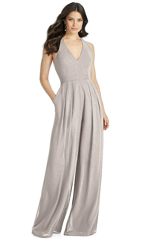 Front View - Taupe Silver Dessy Shimmer Bridesmaid Jumpsuit Arielle LS