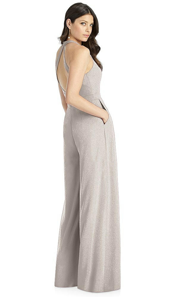 Back View - Taupe Silver Dessy Shimmer Bridesmaid Jumpsuit Arielle LS