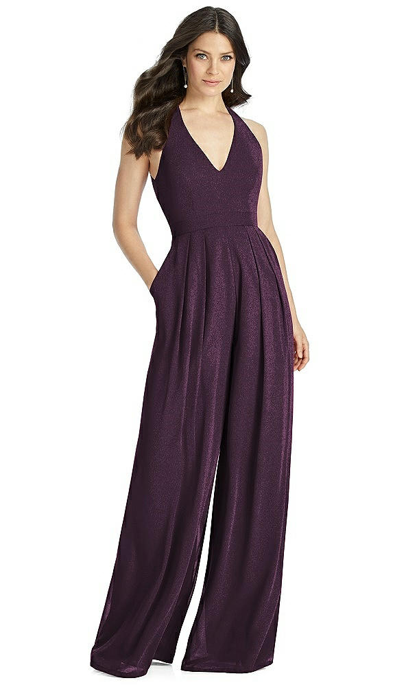 Front View - Aubergine Silver Dessy Shimmer Bridesmaid Jumpsuit Arielle LS