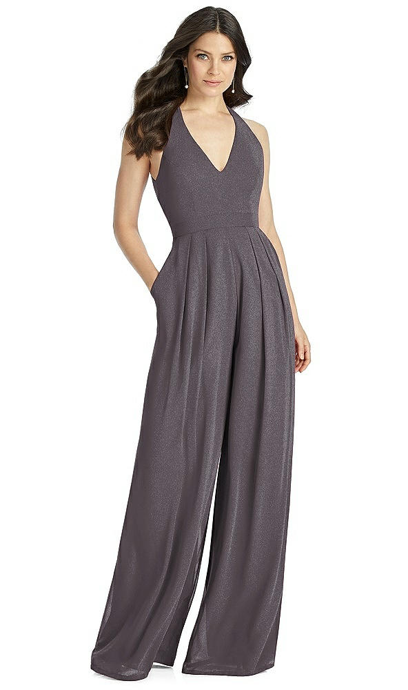 Front View - Stormy Silver Dessy Shimmer Bridesmaid Jumpsuit Arielle LS